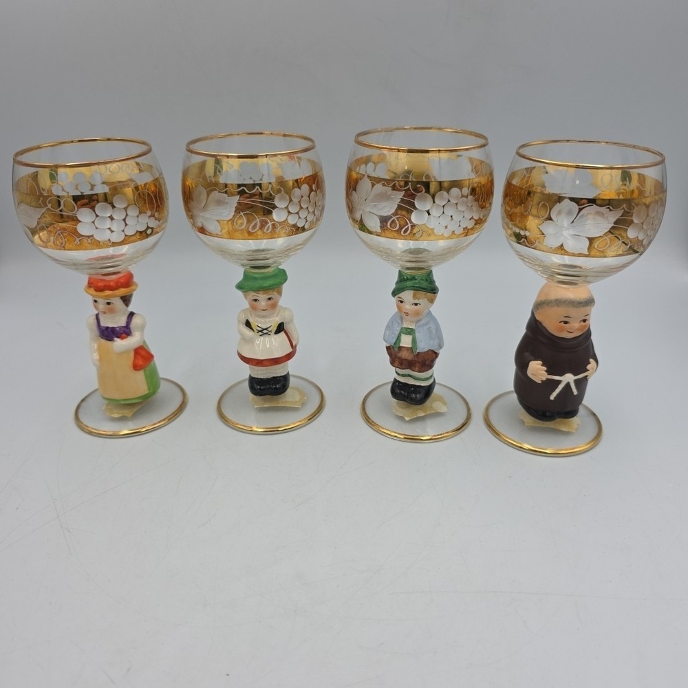 Vintage Goebel Hummel Figurine Stem 4 Wine Glasses, 14K Gold Trim, Germany